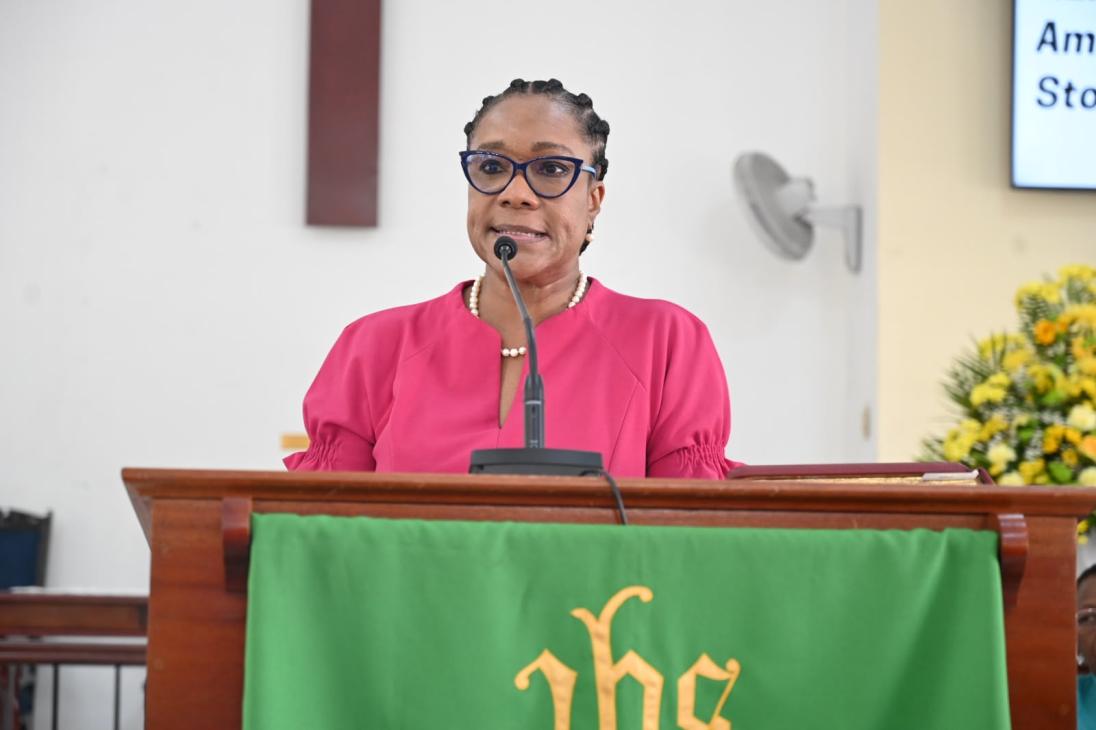 Permanent Secretary in the Ministry of National Security and Peace and Chairman of the National Taskforce Against Trafficking in Persons, Ambassador Alison Stone Roofe, speaking at the Trafficking in Persons (TIP) Week Church Service at the Saxthorpe Methodist Church in St. Andrew on Sunday, July 26.