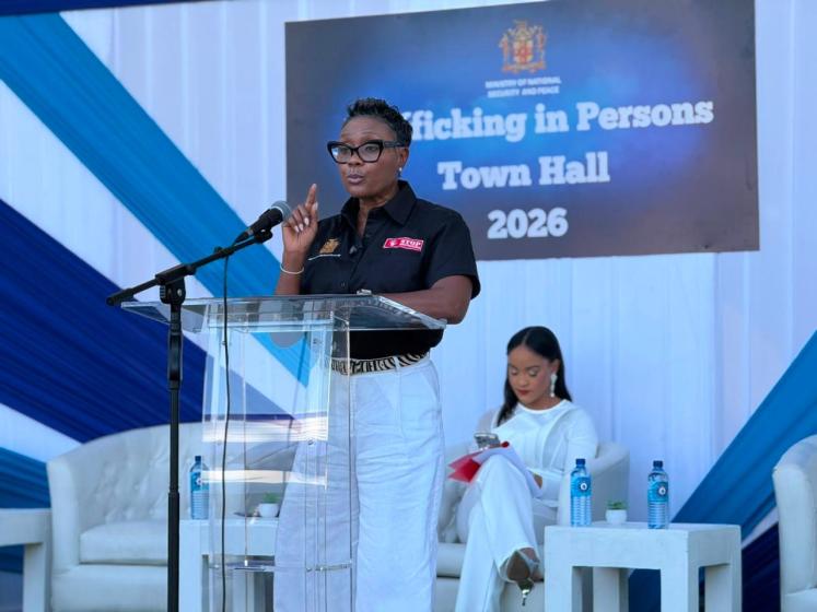 Minister of State in the Ministry of National Security and Peace, the Hon. Juliet Cuthbert-Flynn, delivers the keynote address at the Trafficking in Persons Town Hall 2026 held at Emancipation Park in Kingston on Thursday, July 30, 2026.