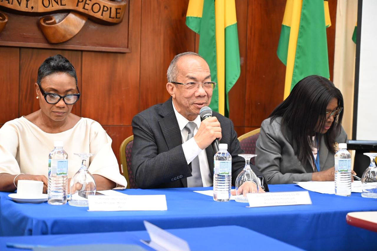 Deputy Prime Minister and Minister of National Security and Peace, Hon. Dr. Horace Chang (centre) addresses the quarterly meeting of the Citizen Security Business Group on Friday (September 25) at the Office of the Prime Minister.