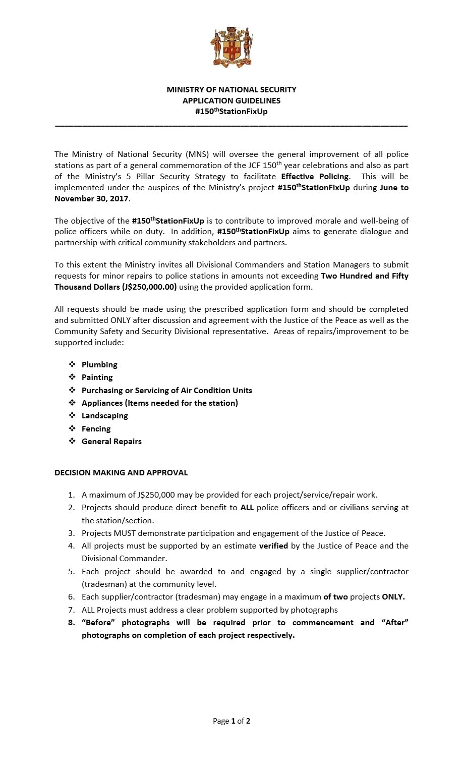 Front page of MINISTRY OF NATIONAL SECURITY AND PEACE APPLICATION GUIDELINES #150thStationFixUp