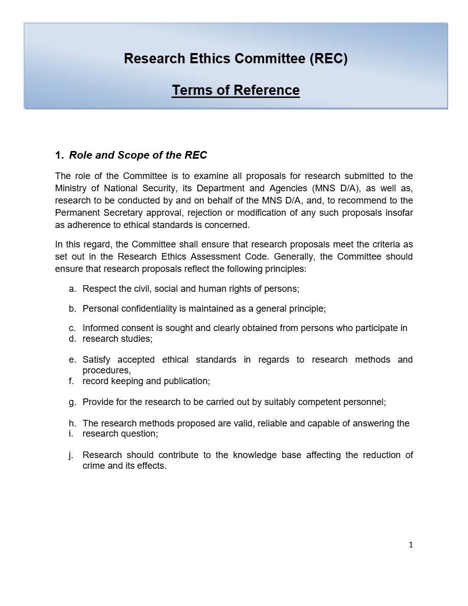 Front page of Research Ethics Committee (REC) Terms of Reference