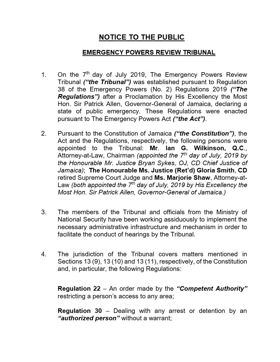 Front page of NOTICE TO THE PUBLIC - EMERGENCY POWERS REVIEW TRIBUNAL