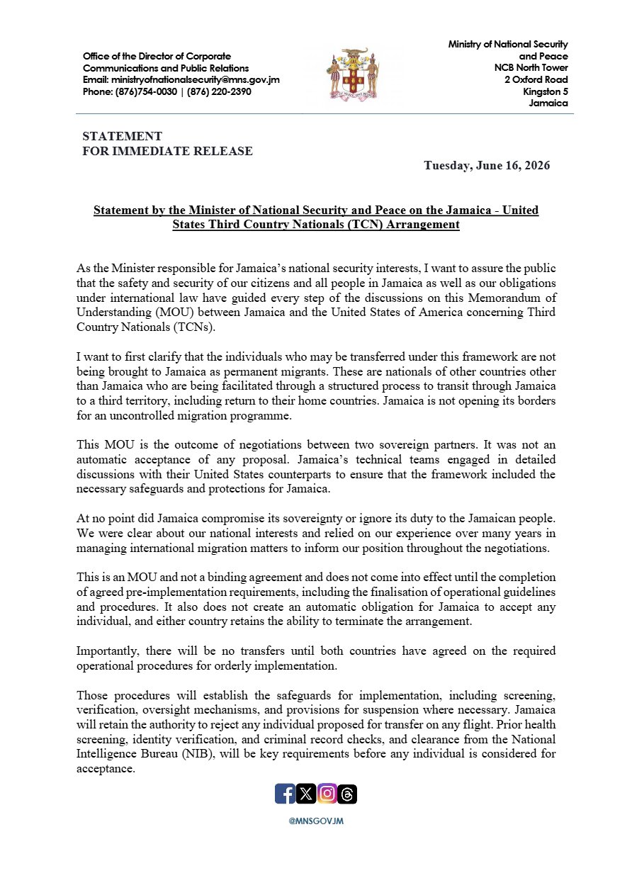 First page of the press release: by the Minister of National Security and Peace on the Jamaica - United States Third Country Nationals (TCN) Arrangement