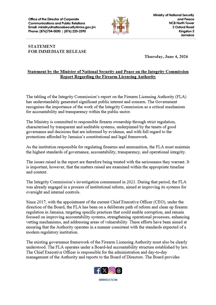 First page of the press release: Statement - DPM Chang on Integrity Commission Report on Firearm Licensing Authority