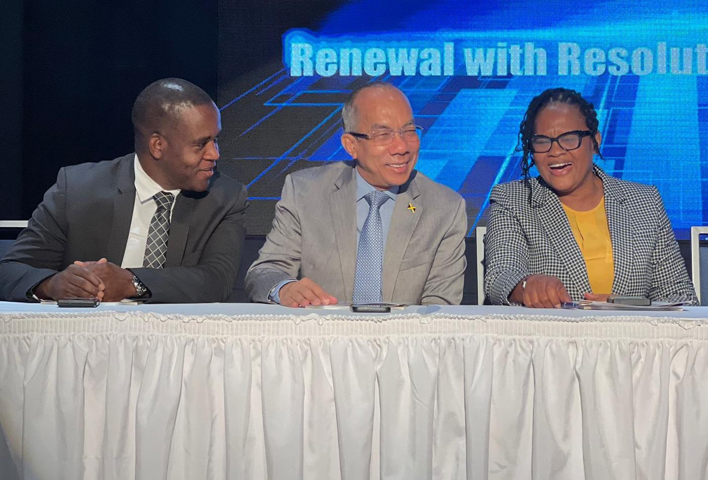 Deputy Prime Minister and Minister of National Security, the Hon. Dr. Horace Chang (Centre) shares a light moment with Commissioner of Police, Dr. Kevin Blake (left) and Chairman of the Police Federation, Inspector Blanche Codner at the Jamaica Police Federation 81st Annual Joint Central Conferences held at the Hilton Rose Hall Resort and Spa in Montego Bay, St. James earlier today (May 21). The two-day conference is guided by the theme ‘Renewal with Resolution and Restoration.’
