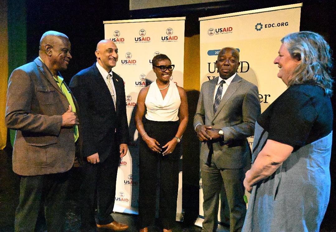 Minister of State in the Ministry of National Security, the Hon. Juliet Cuthbert-Flynn (centre), Minister of Labour and Social Security, the Hon. Pearnel Charles, Jr (second right) and Minister of State in the Ministry of Agriculture, the Hon. Franklin Witter (first left) in conversation with USAID Country Head, Mission in Jamaica, Dr. Jaidev “Jay” Singh (second left) and the Interim President and Chief Executive Officer, Education Development Center, Siobhan Murphy at the USAID Youth Empower Activity launc
