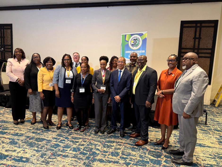 Minister of National Security and Peace, Hon. Dr. Horace Chang (4th right, first row) and Permanent Secretary, Ambassador Alison Stone Roofe (second right) are joined by President of the Caribbean Association of Forensic Sciences (CAFS), Inspector (Ret’d) Gregory Williams (third right) and members of the CAFS executive and specially invited guests at the CAFS Biennial Conference on June 8 at the Jamaica Pegasus Hotel.