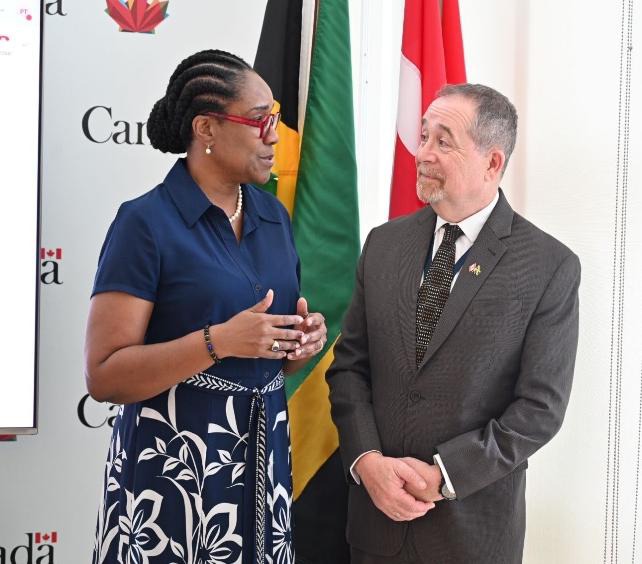 Permanent Secretary in the Ministry of National Security and Peace, Ambassador Alison Stone Roofe, engages in conversation with High Commissioner of Canada to Jamaica, His Excellency Mark Berman, at the Jamaica-Canada Security Dialogue held at the High Commission of Canada in Jamaica on Wednesday (April 29). The meeting facilitated discussions on strengthening the bilateral relationship between Jamaica and Canada to combat transnational organised criminal issues while strengthening Jamaica’s security and de
