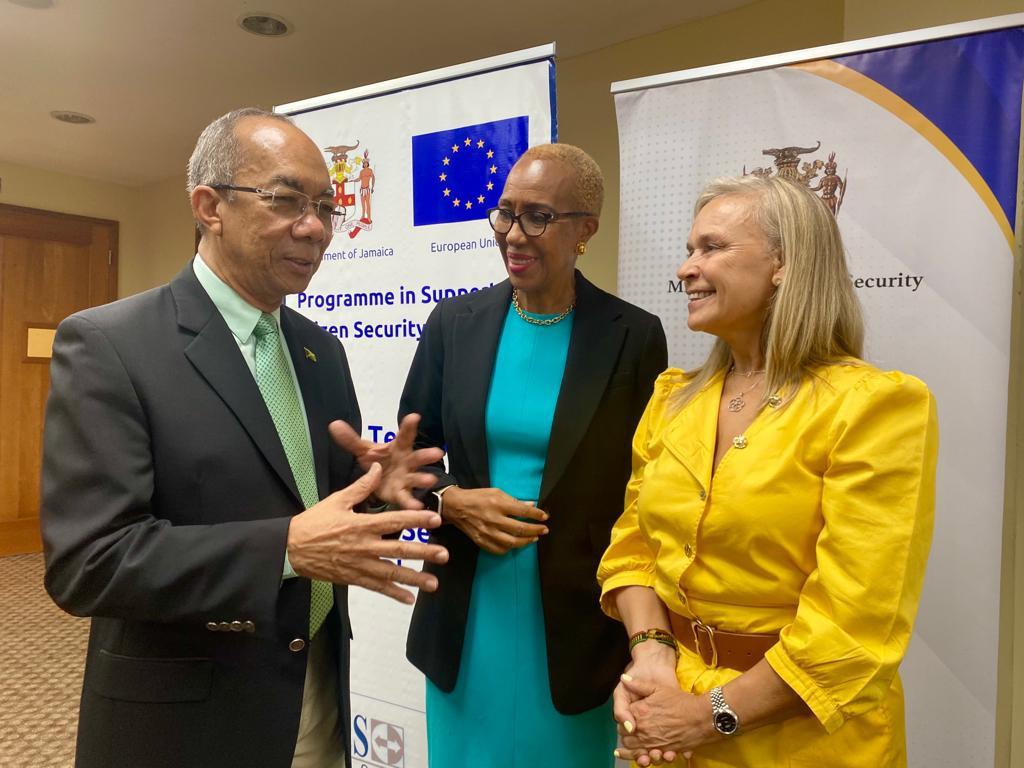 Deputy Prime Minister and Minister of National Security, the Hon. Dr. Horace Chang in conversation with Minister of Education and Youth, the Hon. Fayval Williams (centre) and Head of the European Union, Ambassador Marianne Van Steen at the Review and Closing Out Session for the Technical Assistance to the Citizen Security Plan held at the UWI Regional Headquarters in Kingston yesterday (January 25).