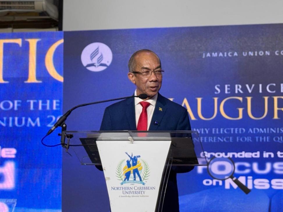 Deputy Prime Minister and Minister of National Security and Peace, the Hon. Dr. Horace Chang delivers remarks at the Jamaica Union Conference of Seventh-day Adventists (SDA) Service of Inauguration on May 9 at the Northern Caribbean University in Manchester. Dr. Chang joined in honouring the new leadership of the SDA and pledged continued collaboration with faith-based groups in community transformation.