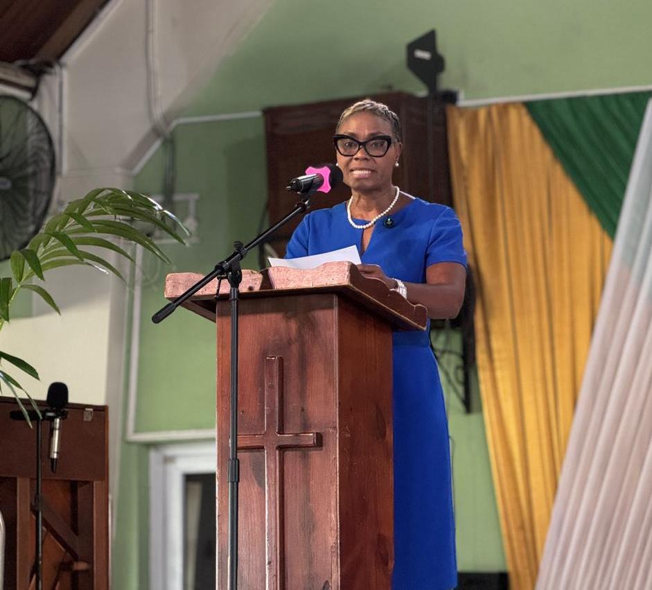 Minister of State in the Ministry of National Security and Peace, the Hon. Juliet Cuthbert-Flynn, delivers remarks at the Firearm Licensing Authority’s (FLA) 20th Anniversary Church Service at the Kingston Open Bible Church on Sunday March 29, where she called for integrity, accountability and a renewed commitment to public safety.