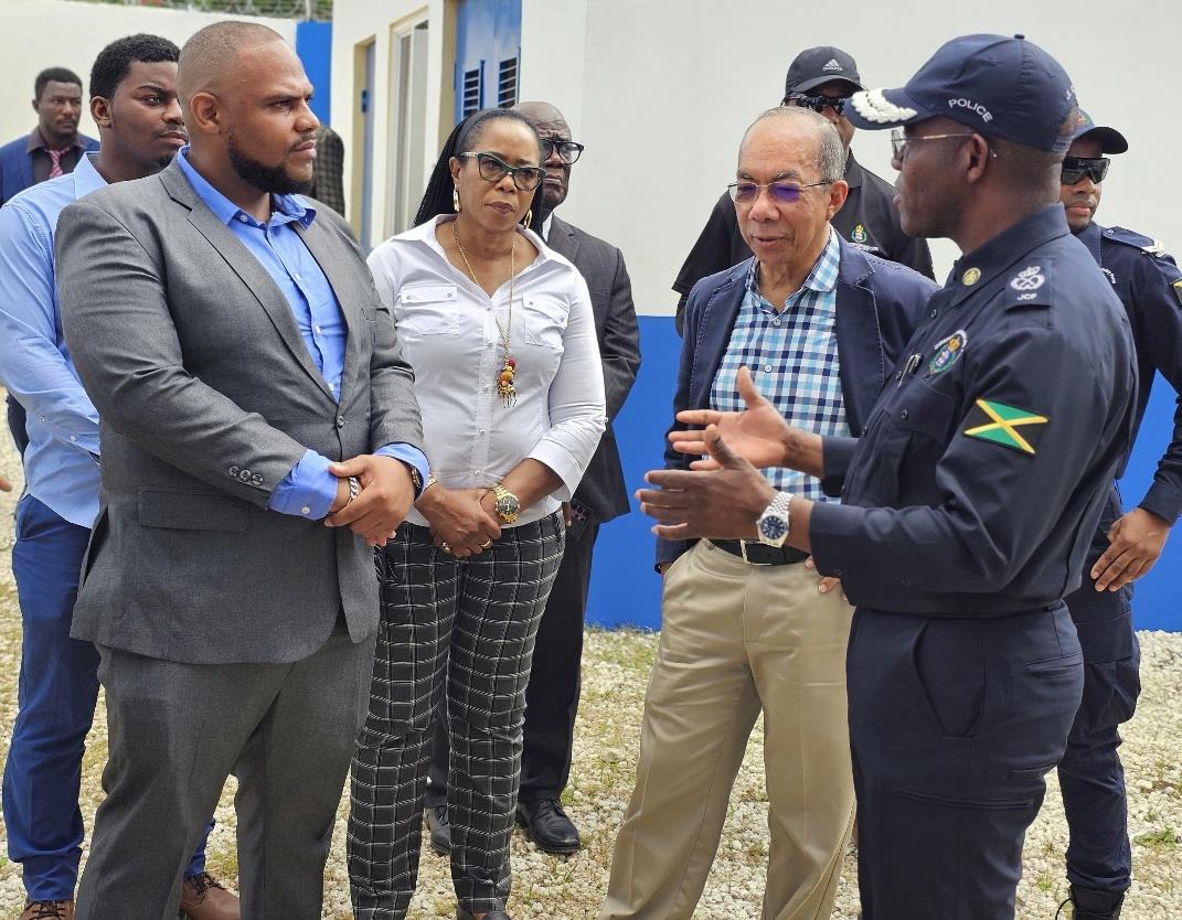 Deputy Prime Minister and Minister of National Security, the Hon. Dr Horace Chang (1st right), engages in a conversation with Police Commissioner Dr Kevin Blake, National Housing Trust Construction and Development Assistant General Manager Alex Bernard, and Councillor for the Frome Division Dawnette Foster at Friday’s (March 14) official opening of the $200 million Frome Police Station.