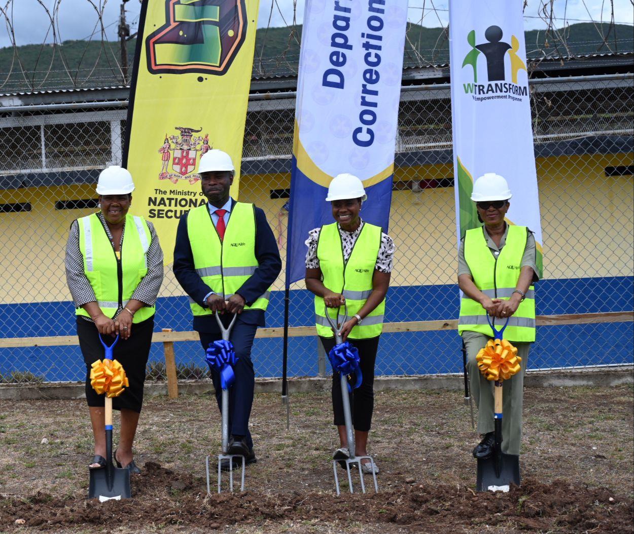 Minister of State in the Ministry of National Security, the Hon. Juliet Cuthbert-Flynn (second-right), Commissioner of Corrections, Brigadier (Ret’d) Radgh Mason (second-left), Deputy Commissioner of Corrections, Joyce Stone (left) and Superintendent, Joycelyn Roache-Spencer (right) pose at the Groundbreaking Ceremony for a nursery at the South Camp Adult Correctional Centre in Kingston earlier today (April 17).