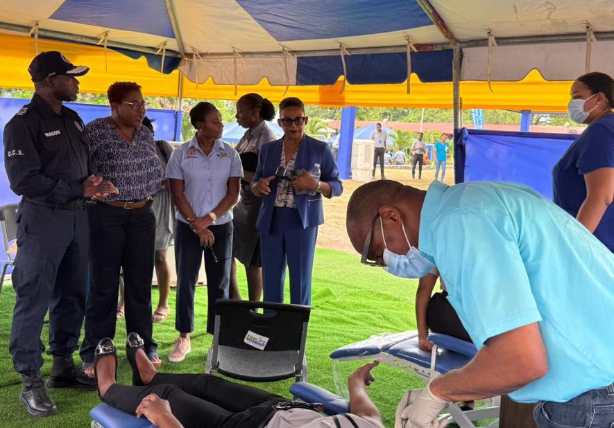 Minister of State in the Ministry of National Security and Peace, the Hon. Juliet Cuthbert-Flynn (3rd left) and Commissioner of Corrections in the Department of Correctional Services, Brigadier (Ret’d) Radgh Mason (1st left) in attendance at the Department of Correctional Services (DCS) Health Fair 2026 held on Thursday, May 21 at the Tower Street Sports Club in Kingston. The pair were joined by Chief nd Technical Director, Ministry of National Security and Peace, Ms. Shauna Trowers (2 left) and Director of