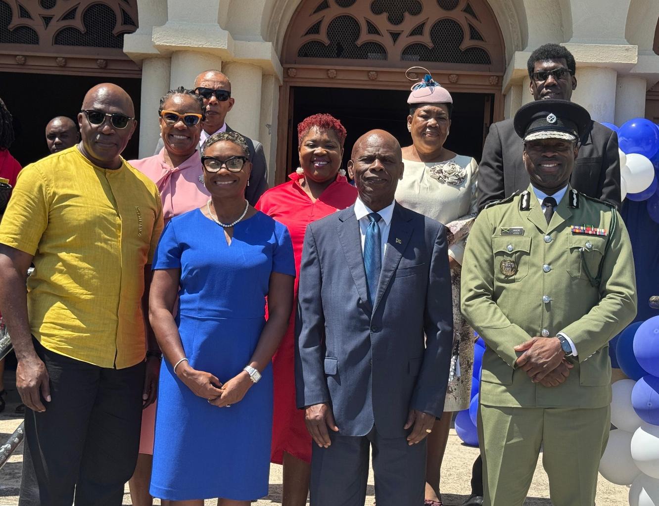 Custos of Kingston, Hon. Steadman Fuller representing the Governor General of Jamaica, His Excellency the Most Hon. Sir Patrick Allen, Minister of State in the Ministry of National Security, the Hon. Juliet Cuthbert-Flynn, Permanent Secretary in the Ministry of National Security, Ambassador Alison Stone Roofe and Commissioner of Corrections, Brigadier (ret’d) Radgh Mason pose at the 50th Anniversary Church Service for the Department of Correctional Services (DCS). Chief Justice of Jamaica, Hon. Bryan Sykes,