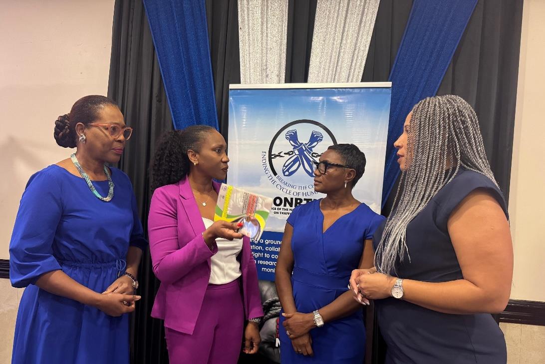 Minister of State in the Ministry of National Security, the Hon. Juliet Cuthbert-Flynn in conversation with Permanent Secretary in the Ministry of Foreign Affairs, Ambassador Sheila Sealy-Monteith (left), National Rapporteur on Trafficking in Persons, Diahann Gordon Harrison and Pro Vice Chancellor for Global Affairs at the University of the West Indies Mona Campus, Sandrea Maynard (right). They were in attendance at the Office of the National Rapporteur on Trafficking in Persons (ONRTIP) launch of Jamaica’