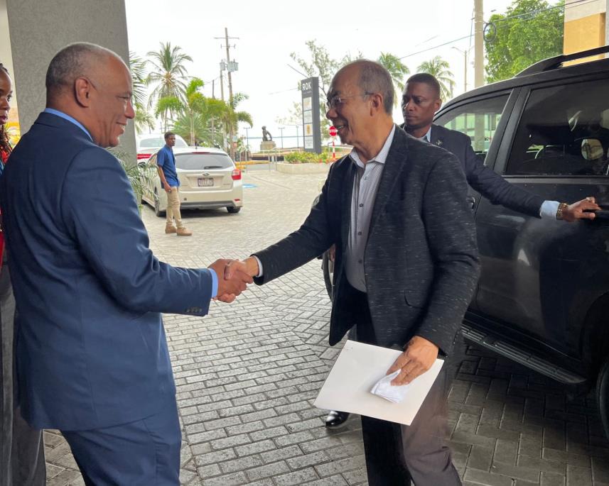 Deputy Prime Minister and Minister of National Security, the Hon. Dr. Horace Chang greets Colonel Desmond Edwards, Director General of the Major Organised Crime & Anti-Corruption Agency (MOCA) at the MOCA Strategic Management Retreat at ROK Hotel today (November 2).