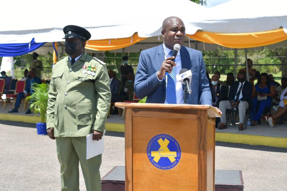 Photo Caption: Minister of State in the Ministry of National Security, the Hon. Zavia Mayne delivering the Keynote address for the 82nd Intake of Correctional Officers at the Carl Rattray Staff College. A total of 63 correctional officers were welcomed to the public service last Friday (July 22).