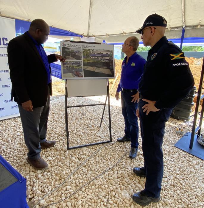 Photo Caption: Deputy Prime Minister and Minister of National Security, the Hon. Dr. Horace Chang, Permanent Secretary in the Ministry of National Security, Courtney Williams and Commissioner of Police, Major General Antony Anderson discuss the construction of the new Frome Police Station at the Groundbreaking Ceremony in Westmoreland. Over $170 million is allocated for the project.