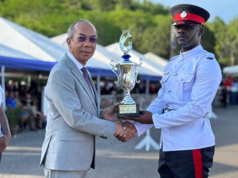 Deputy Prime Minister and Minister of National Security and Peace, the Hon. Dr. Horace Chang presents Constable Amare Hibbert from Batch 159 with the award, Best All Round Performance, at the Jamaica Constabulary Force Passing Out Parade and Awards Ceremony, held at the National Police College of Jamaica on Thursday (October 9). Constable Hibbert is also the recipient of the awards, Best Marksmanship Principles and Best Leadership Qualities.