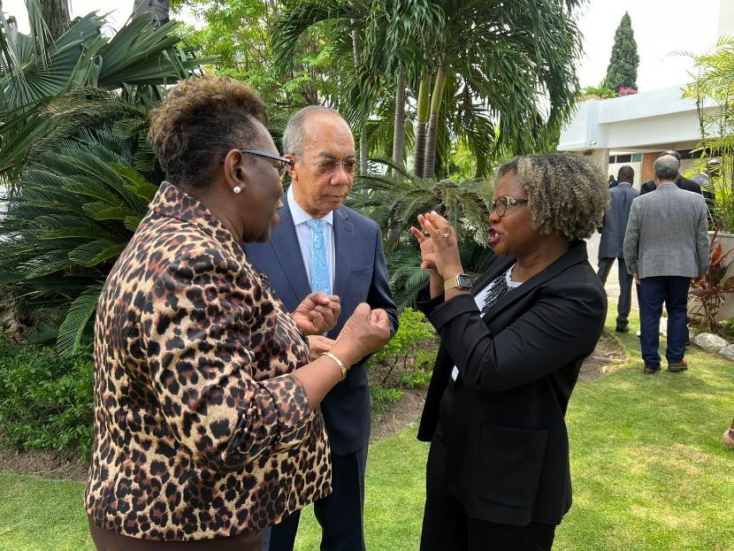 Photo caption: Deputy Prime Minister and Minister of National Security, the Hon. Dr. Horace Chang (Centre), Minister without Portfolio in the Office of the Prime Minister, Dr. Dana Morris Dixon (right) and Director of Public Prosecutions, Paula Llewelyn (left) engage in a discussion at the Opening Ceremony of the 11th EDF - IMPACS Jamaica Cyber Awareness Sensitization & Training at the Pegasus Hotel in Kingston on Tuesday, June 27, 2023.