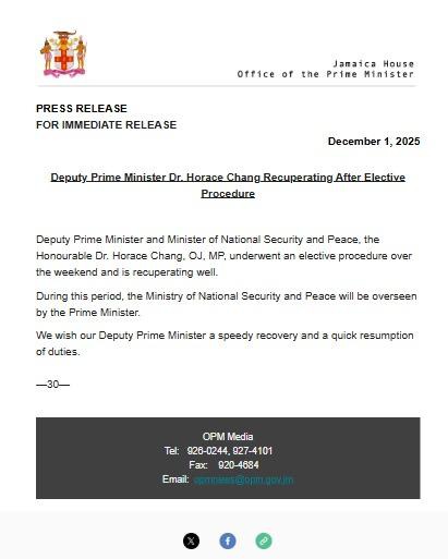 Deputy Prime Minister, Dr. Horace Chang Recuperating After Elective Procedure
