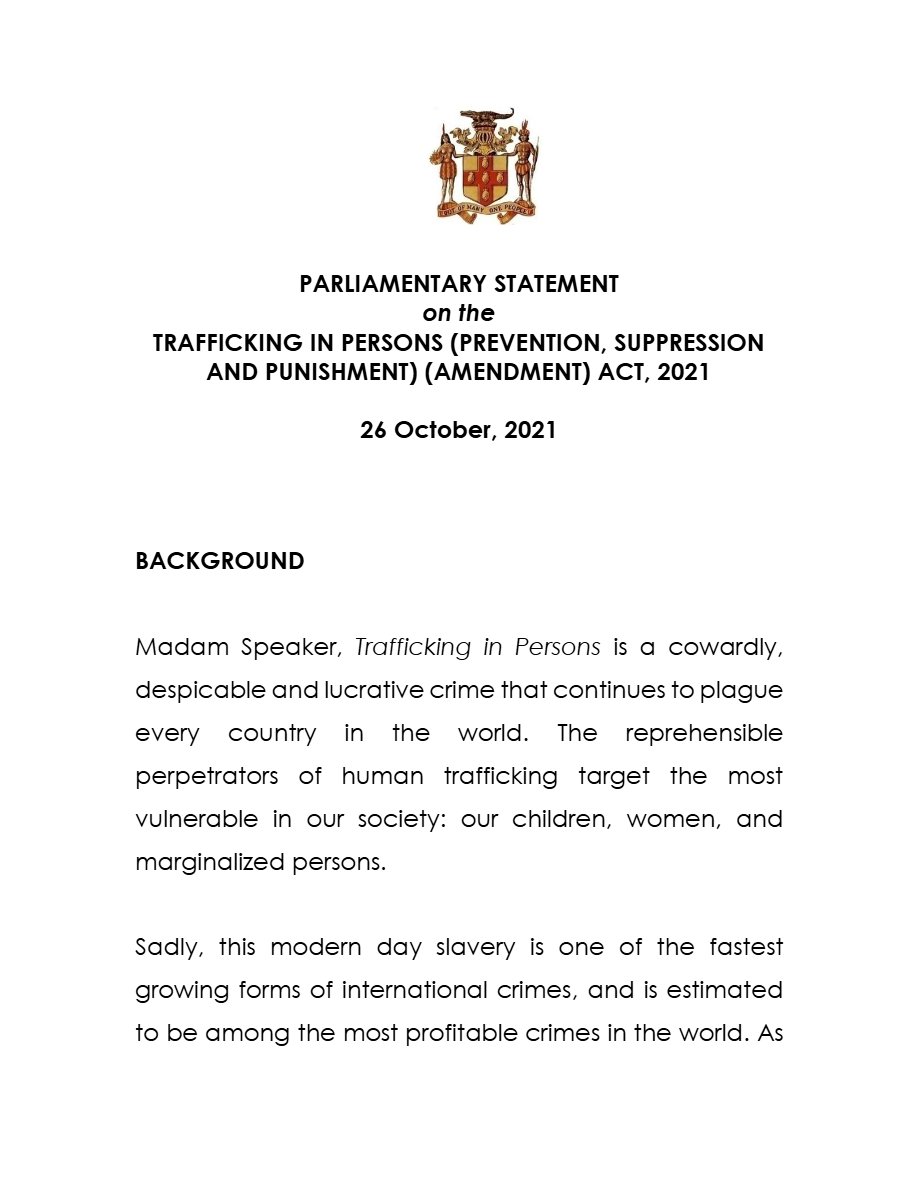 Front page of Parliamentary Statement of Trafficking in Persons Amendment Act 2021
