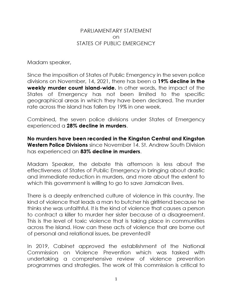 Front page of Parliamentary Statement on SOEs - November 23, 2021