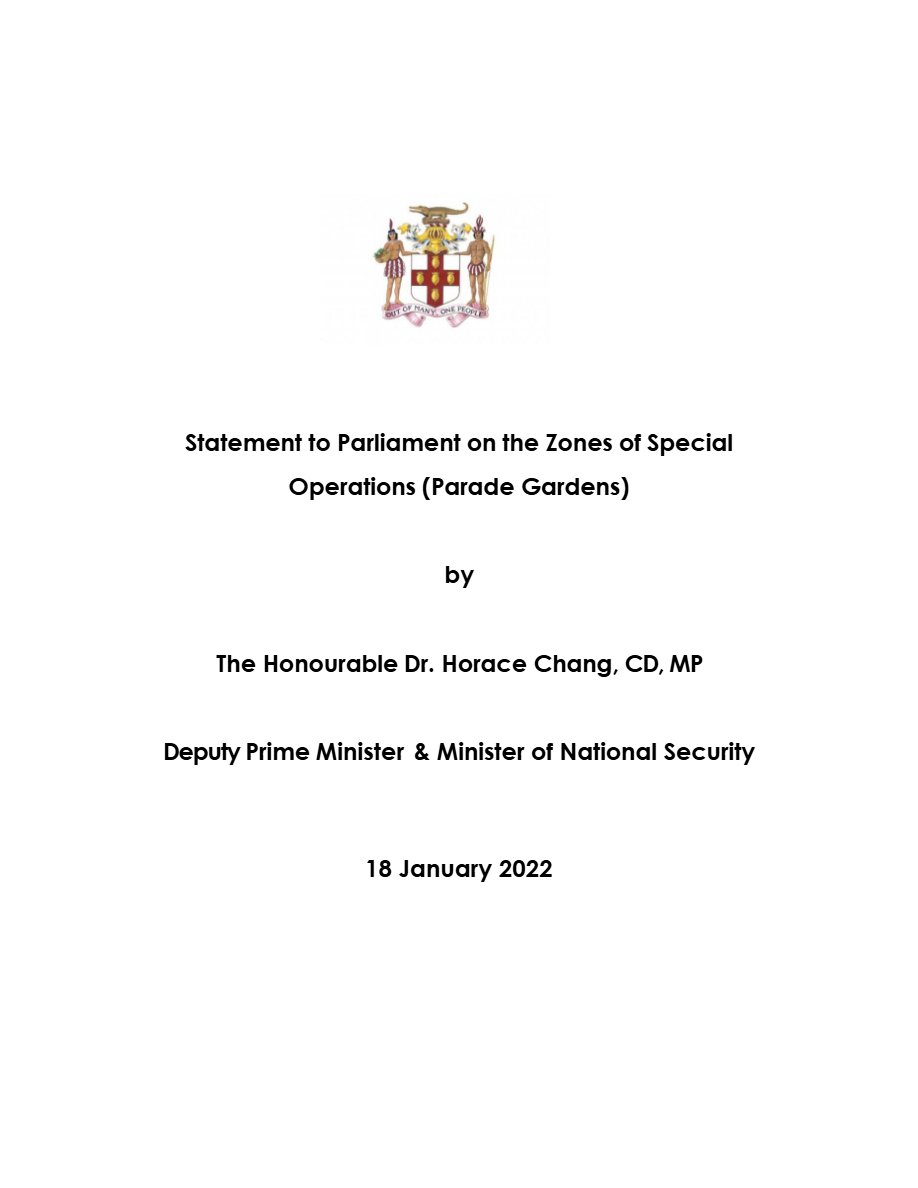 Front page of Parlimentary Statement - ZOSO Parade Gardens Jan 18 2022