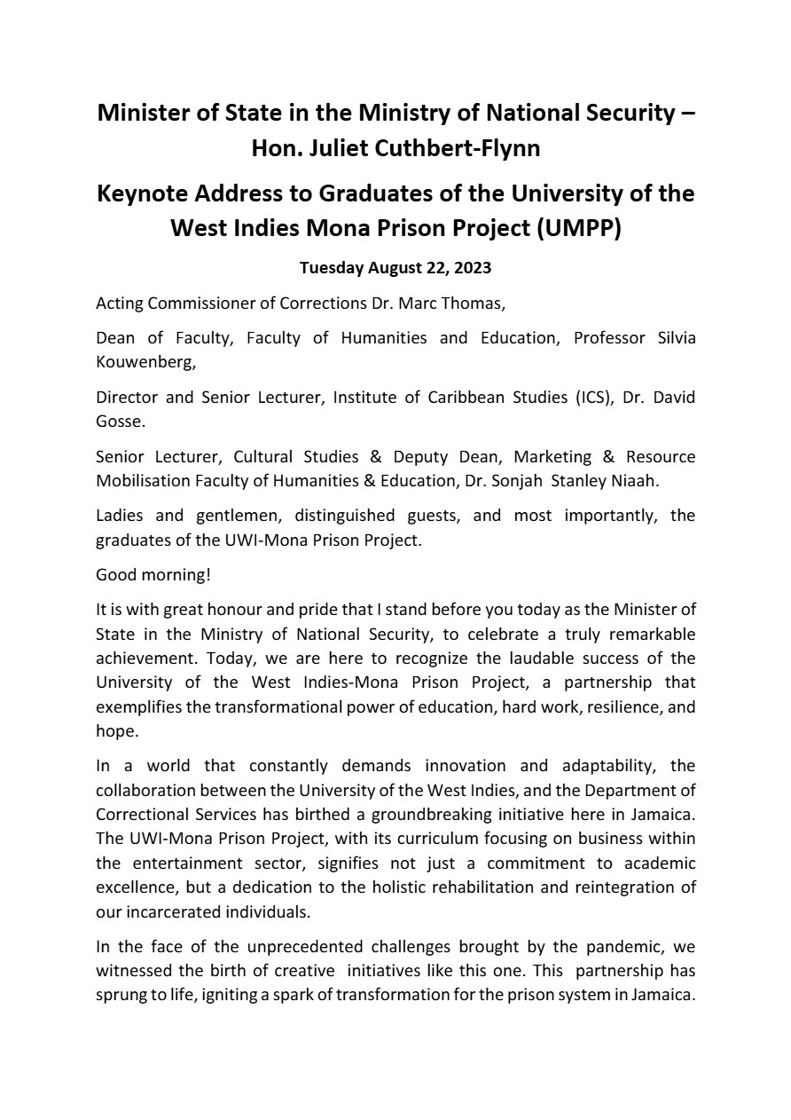 Front page of Speech- Keynote Address to Graduates of the University of the West Indies Mona Prison Project (UMPP)